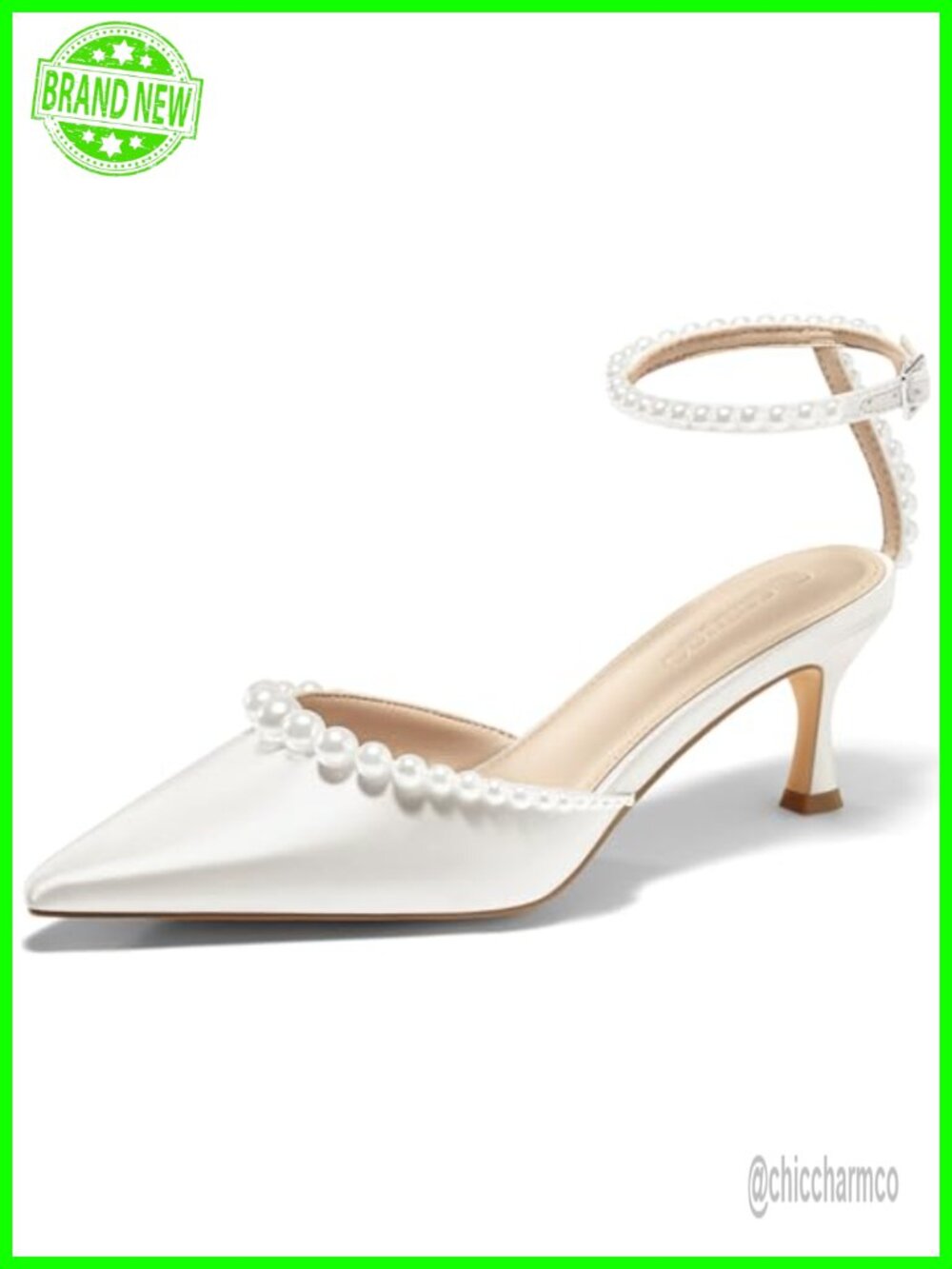 Women's Pearl Kitten Heels Closed Pointed Toe Ankle Strap Satin Pumps Wedding